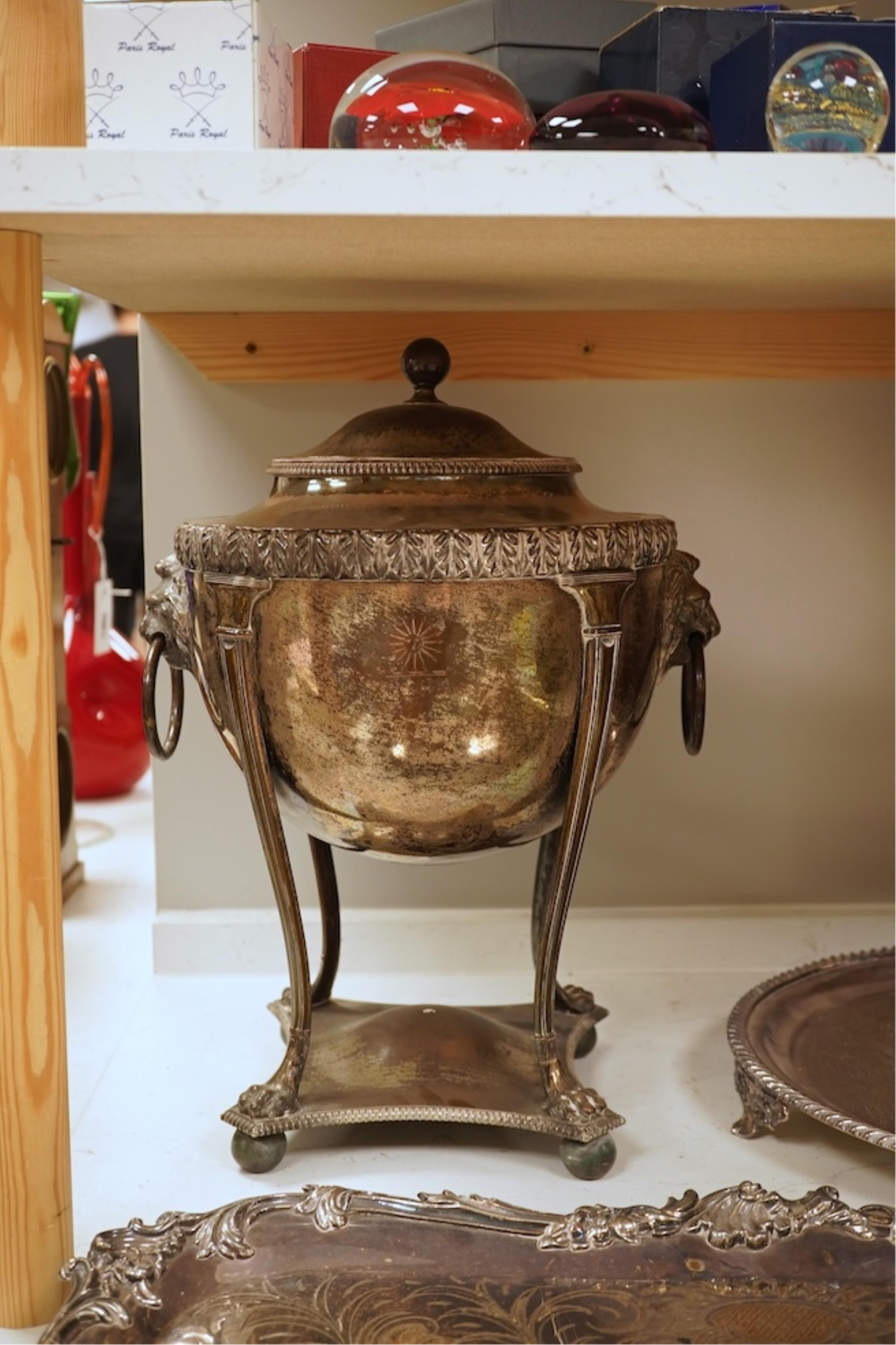 A Regency Old Sheffield Plate samovar and two silver plated trays, largest 70cm